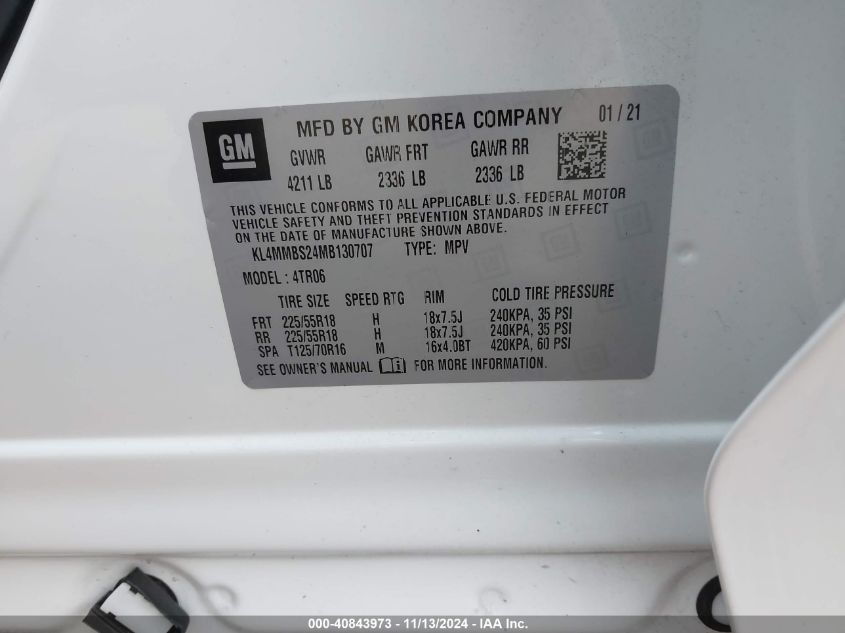 2021 Buick Encore Gx Fwd Preferred VIN: KL4MMBS24MB130707 Lot: 40843973