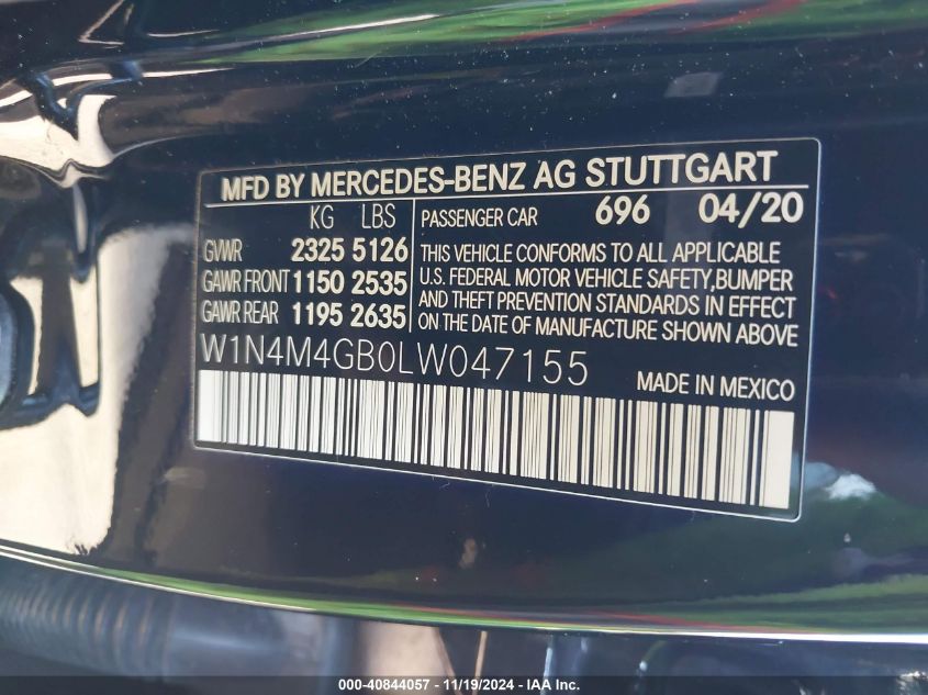 2020 Mercedes-Benz Glb 250 VIN: W1N4M4GB0LW047155 Lot: 40844057