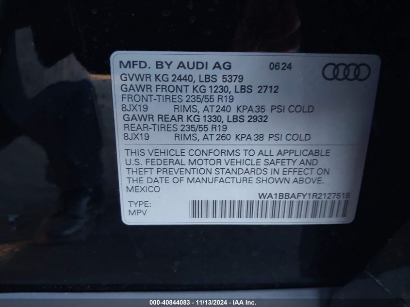 2024 Audi Q5 Premium Plus 40 Tfsi Quattro S Tronic VIN: WA1BBAFY1R2127518 Lot: 40844083