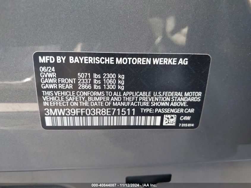 2024 BMW 3 Series 330E VIN: 3MW39FF03R8E71511 Lot: 40844087