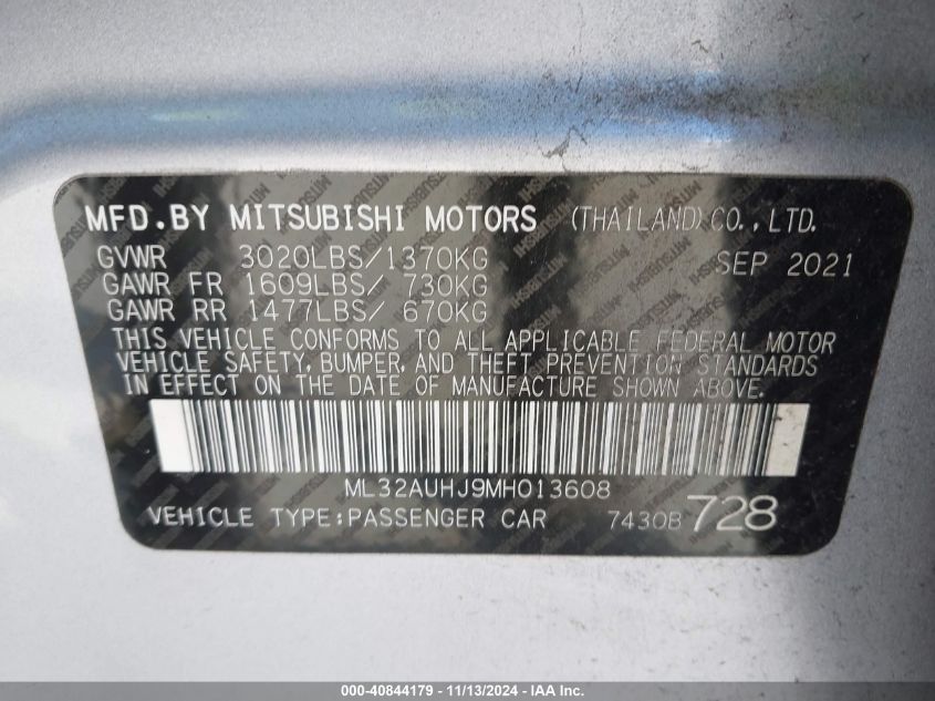 2021 Mitsubishi Mirage Carbonite Edition/Es/Le VIN: ML32AUHJ9MH013608 Lot: 40844179