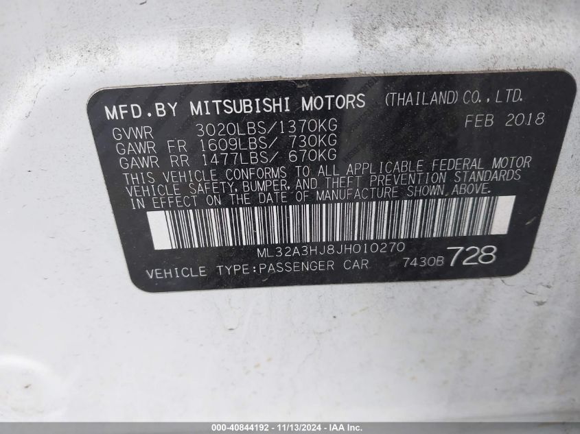 2018 Mitsubishi Mirage Es VIN: ML32A3HJ8JH010270 Lot: 40844192