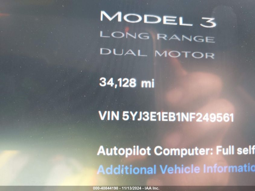 2022 Tesla Model 3 Long Range Dual Motor All-Wheel Drive VIN: 5YJ3E1EB1NF249561 Lot: 40844198