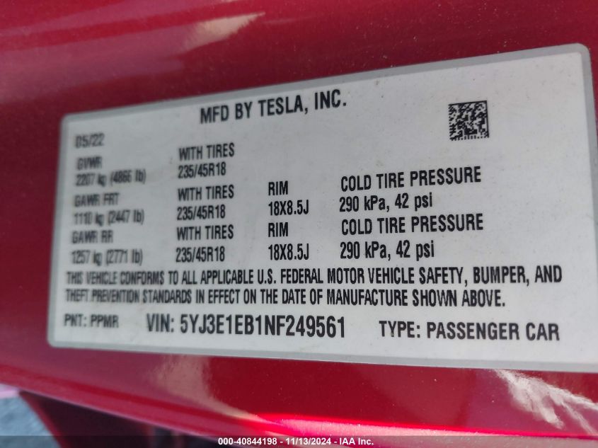 2022 Tesla Model 3 Long Range Dual Motor All-Wheel Drive VIN: 5YJ3E1EB1NF249561 Lot: 40844198