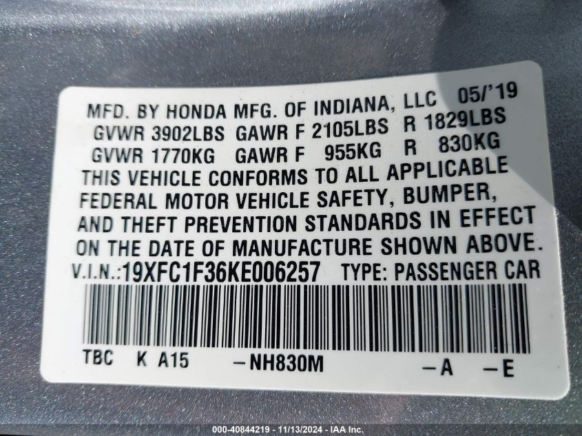 2019 Honda Civic Ex VIN: 19XFC1F36KE006257 Lot: 40844219