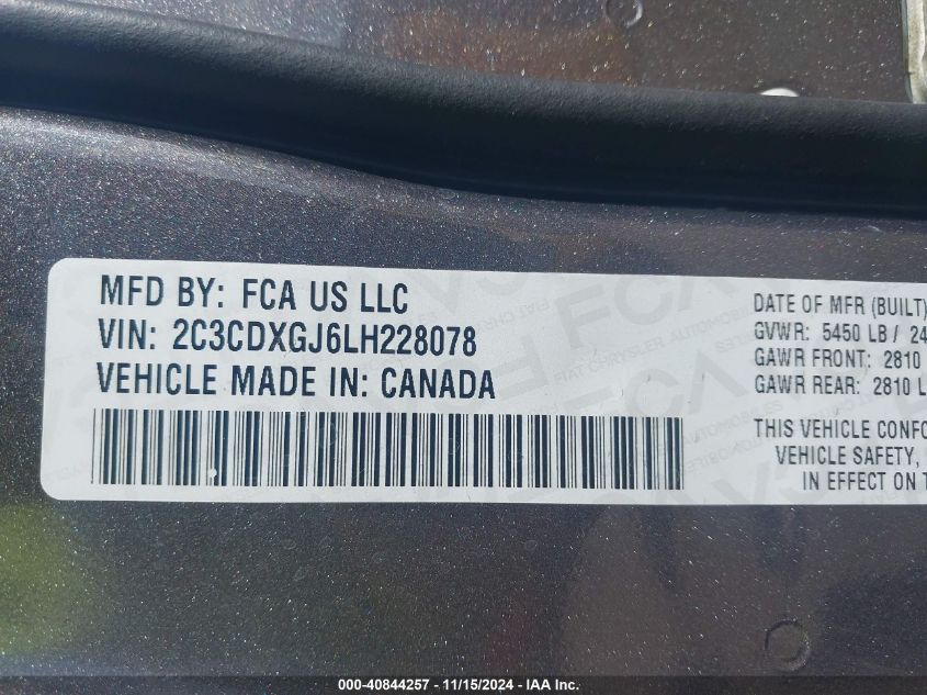 2020 Dodge Charger Scat Pack Rwd VIN: 2C3CDXGJ6LH228078 Lot: 40844257