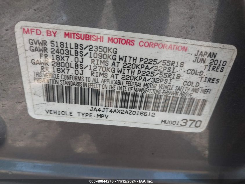 2010 Mitsubishi Outlander Xls VIN: JA4JT4AX2AZ016612 Lot: 40844276