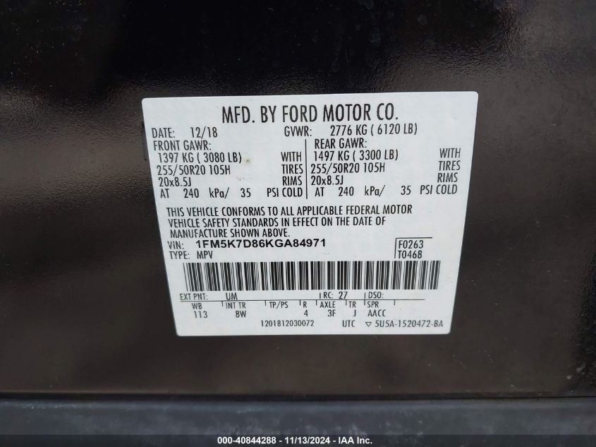 VIN 1FM5K7D86KGA84971 2019 FORD EXPLORER XLT