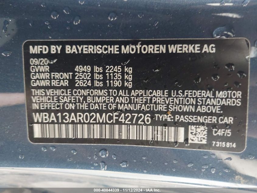 2021 BMW M440I xDrive VIN: WBA13AR02MCF42726 Lot: 40844339