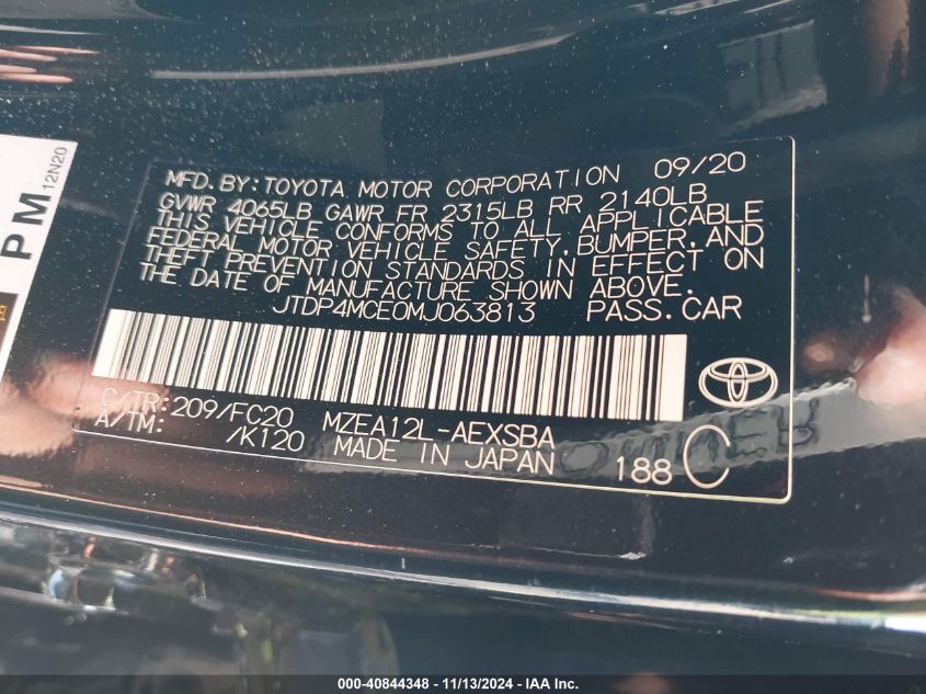 2021 Toyota Corolla Se VIN: JTDP4MCE0MJ063813 Lot: 40844348