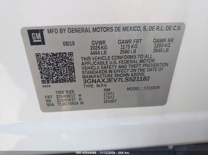 2020 Chevrolet Equinox Fwd 2Fl VIN: 3GNAXJEV7LS521182 Lot: 40844466