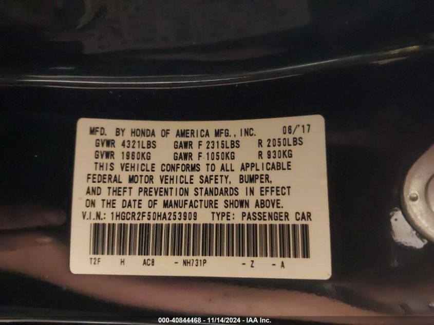 2017 HONDA ACCORD VIN: 1HGCR2F50HA253909