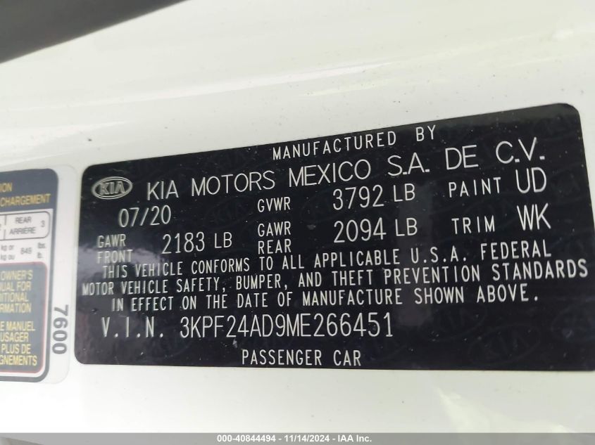 2021 Kia Forte Fe VIN: 3KPF24AD9ME266451 Lot: 40844494