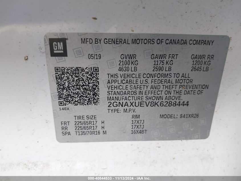 2019 CHEVROLET EQUINOX LT - 2GNAXUEV8K6288444