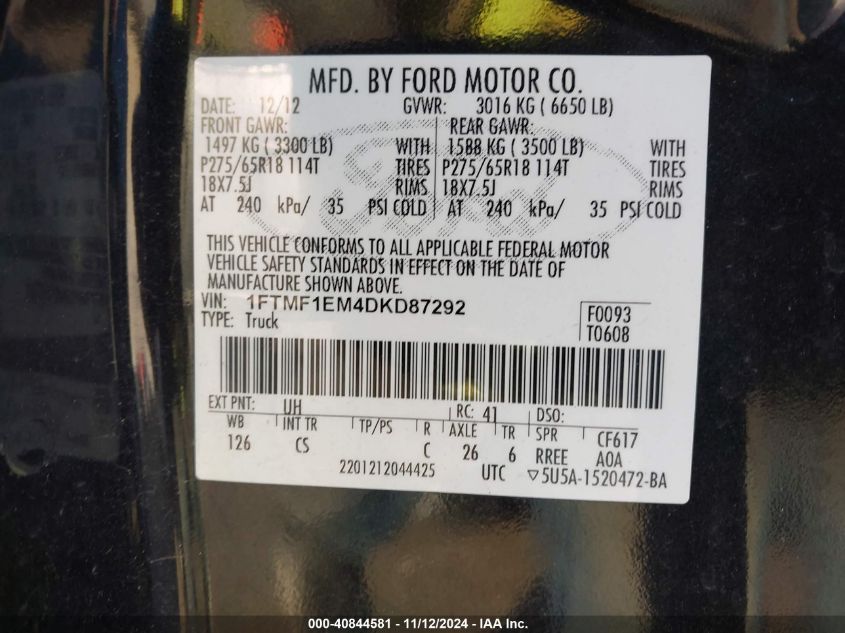 2013 Ford F-150 Stx VIN: 1FTMF1EM4DKD87292 Lot: 40844581