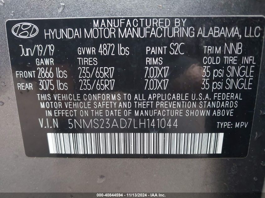 2020 Hyundai Santa Fe Se VIN: 5NMS23AD7LH141044 Lot: 40844594