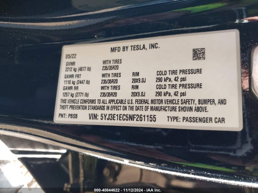 2022 Tesla Model 3 Performance Dual Motor All-Wheel Drive VIN: 5YJ3E1EC5NF261155 Lot: 40844622