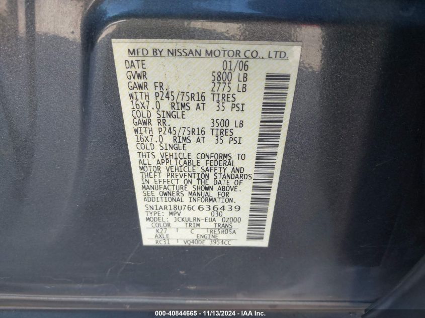 2006 Nissan Pathfinder S VIN: 5N1AR18U76C636439 Lot: 40844665