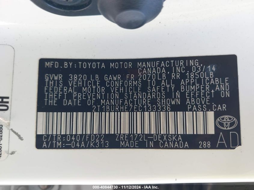 2014 Toyota Corolla S Plus VIN: 2T1BURHE7EC133336 Lot: 40844730