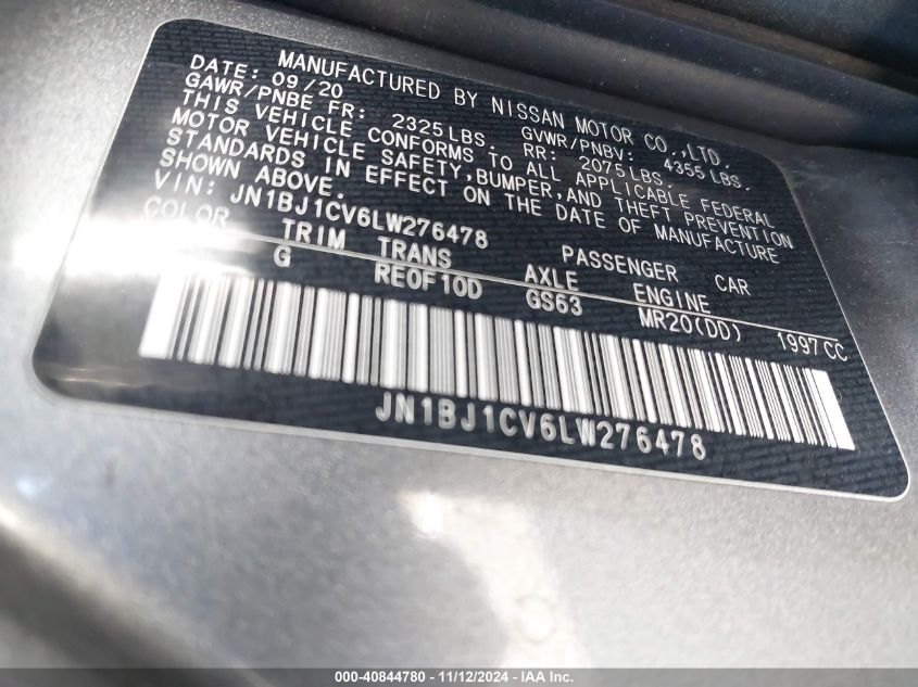 2020 Nissan Rogue Sport Sv Fwd Xtronic Cvt VIN: JN1BJ1CV6LW276478 Lot: 40844780