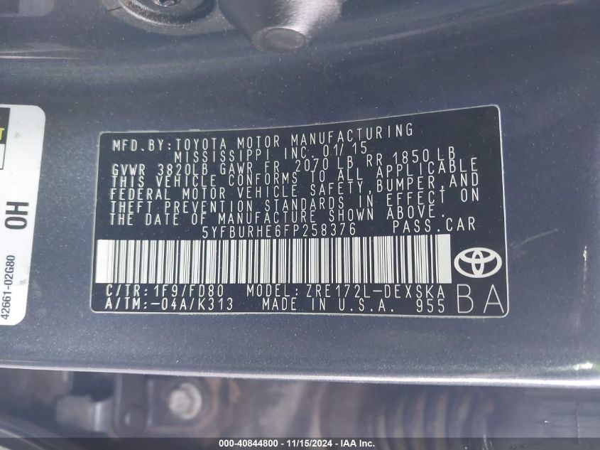 2015 TOYOTA COROLLA S PLUS - 5YFBURHE6FP258376