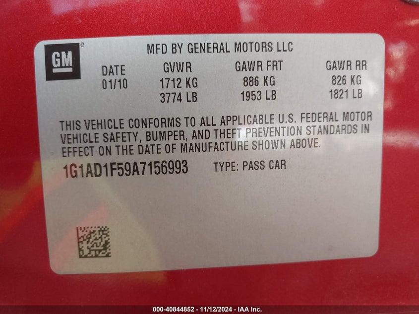 2010 CHEVROLET COBALT VIN: 1G1AD1F59A7156993