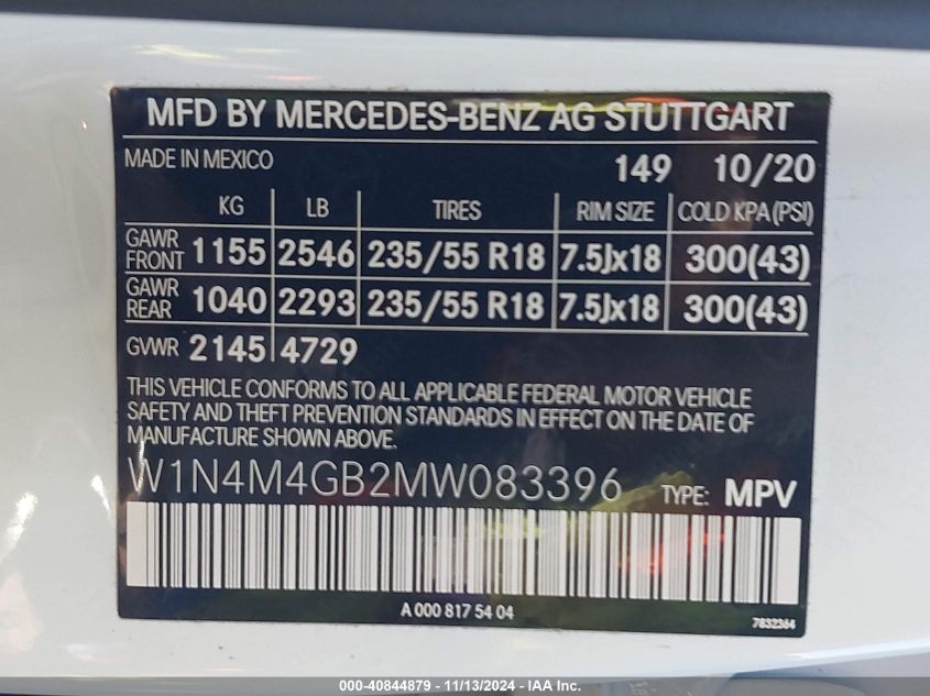 2021 Mercedes-Benz Glb 250 VIN: W1N4M4GB2MW083396 Lot: 40844879