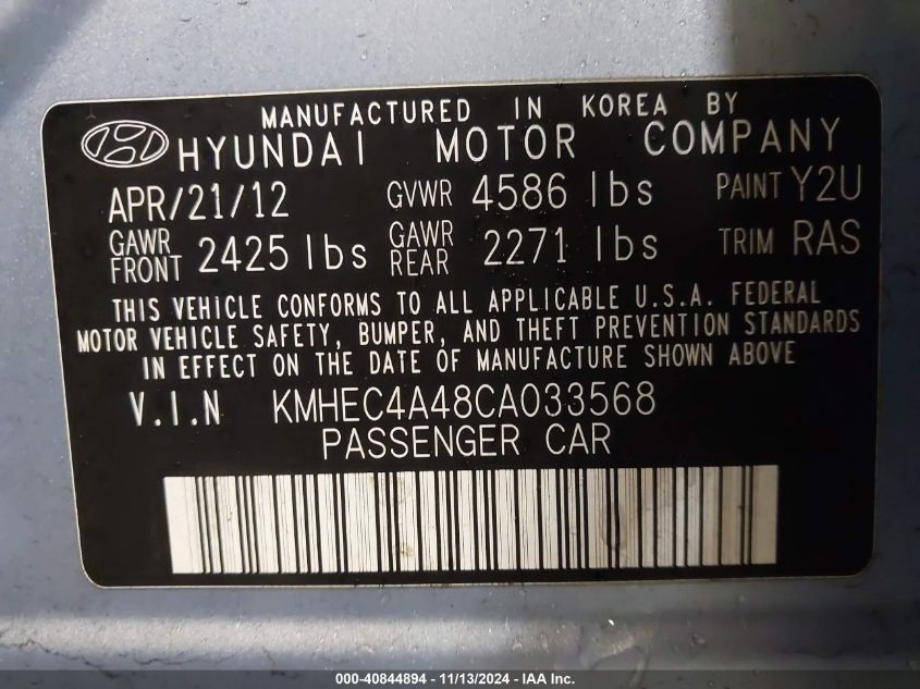 2012 Hyundai Sonata Hybrid VIN: KMHEC4A48CA033568 Lot: 40844894