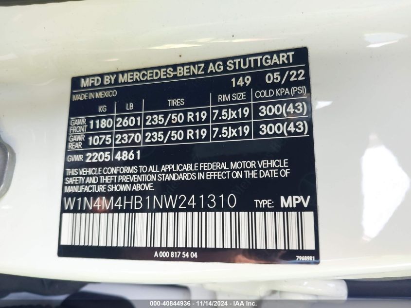 2022 Mercedes-Benz Glb 250 4Matic VIN: W1N4M4HB1NW241310 Lot: 40844936