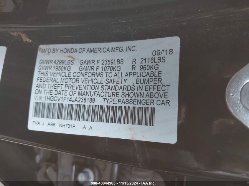 VIN 1HGCV1F14JA238189 2018 HONDA ACCORD no.9