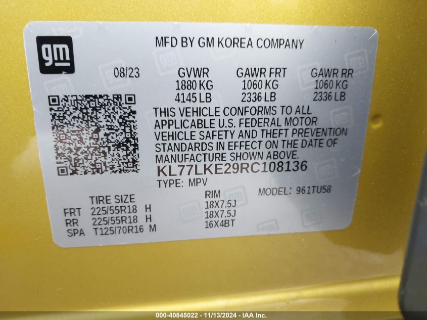 VIN KL77LKE29RC108136 2024 Chevrolet Trax, Fwd Activ no.9