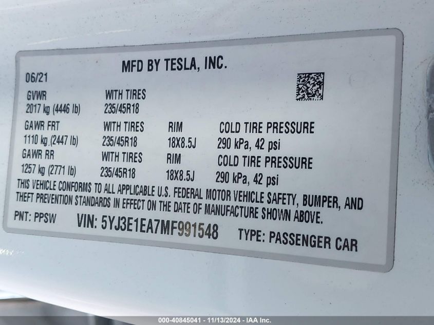 2021 Tesla Model 3 Standard Range Plus Rear-Wheel Drive VIN: 5YJ3E1EA7MF991548 Lot: 40845041