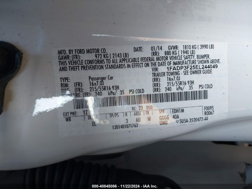 VIN 1FADP3F25EL244049 2014 Ford Focus, SE no.9