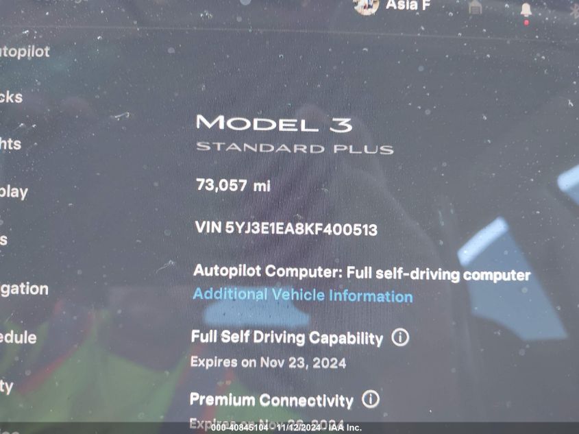 2019 Tesla Model 3 Long Range/Mid Range/Standard Range/Standard Range Plus VIN: 5YJ3E1EA8KF400513 Lot: 40845104