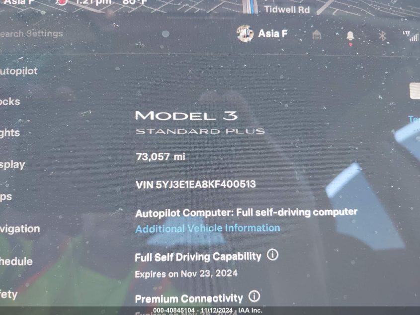 2019 Tesla Model 3 Long Range/Mid Range/Standard Range/Standard Range Plus VIN: 5YJ3E1EA8KF400513 Lot: 40845104