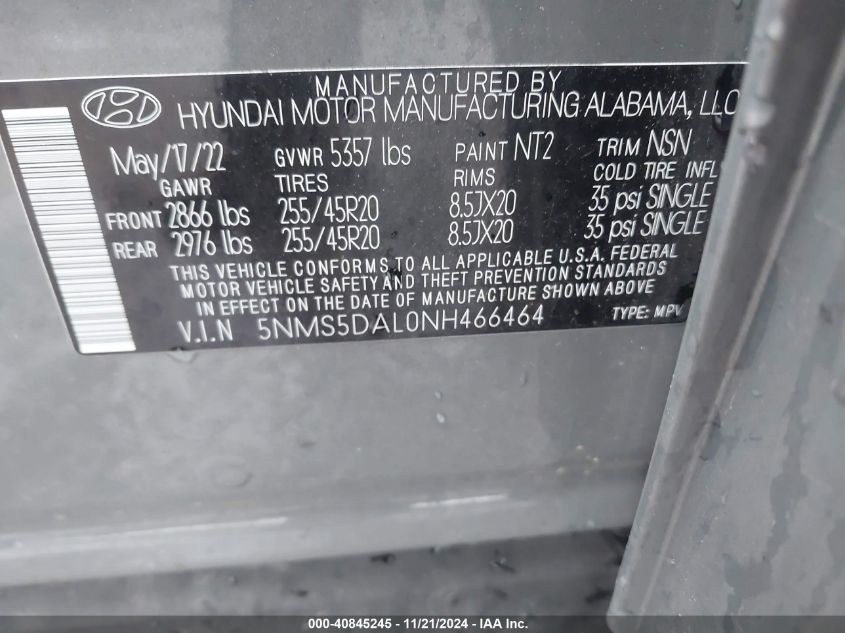 2022 Hyundai Santa Fe Calligraphy VIN: 5NMS5DAL0NH466464 Lot: 40845245