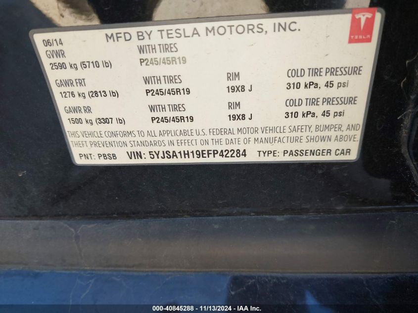 2014 Tesla Model S P85 VIN: 5YJSA1H19EFP42284 Lot: 40845288