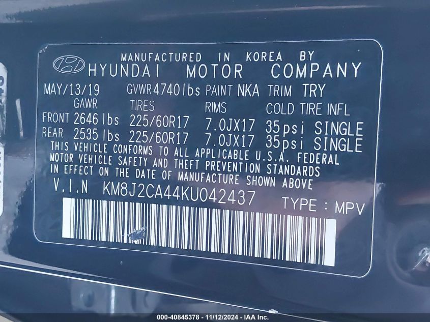 2019 Hyundai Tucson Se VIN: KM8J2CA44KU042437 Lot: 40845378