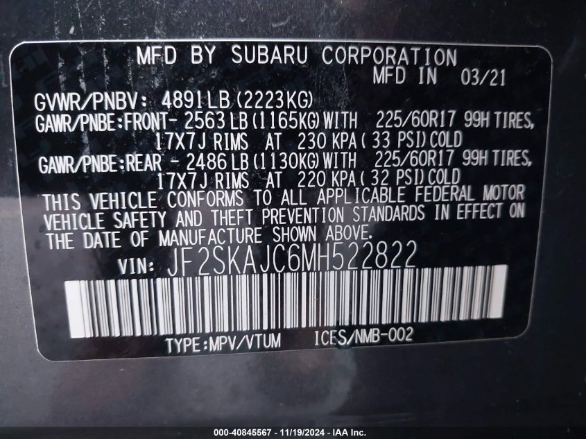 2021 Subaru Forester Premium VIN: JF2SKAJC6MH522822 Lot: 40845567