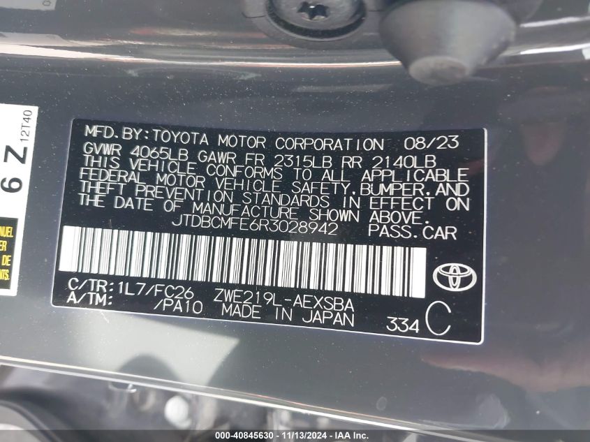 2024 Toyota Corolla Hybrid Se VIN: JTDBCMFE6R3028942 Lot: 40845630