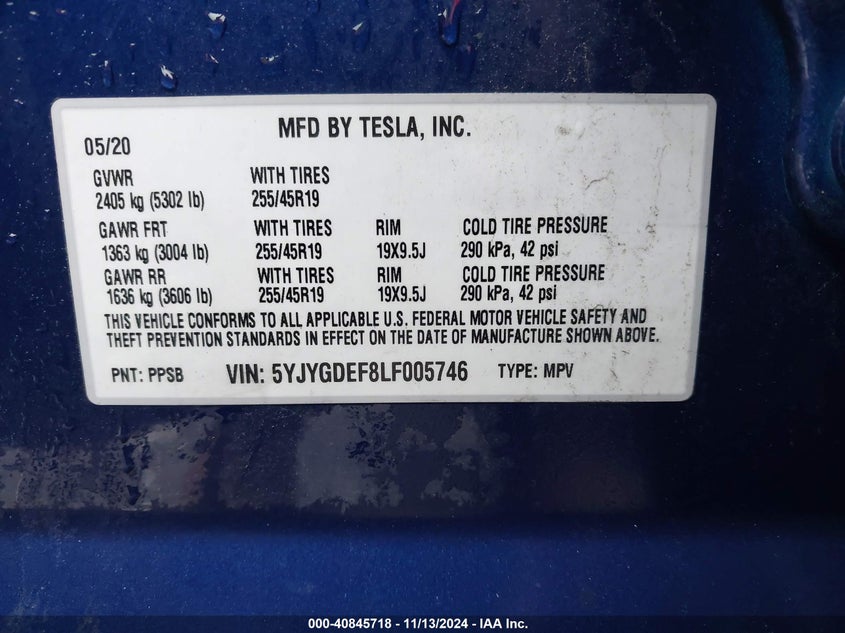 2020 TESLA MODEL Y VIN: 5YJYGDEF8LF005746