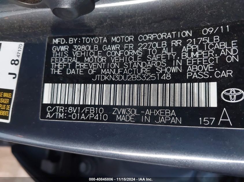 2011 Toyota Prius Two VIN: JTDKN3DU2B5325148 Lot: 40845806