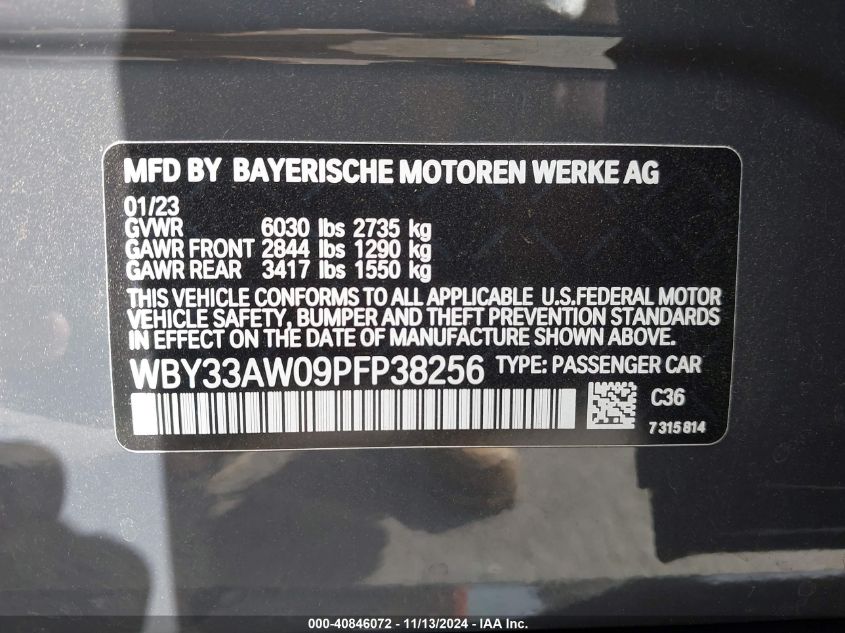 2023 BMW I4 M50 VIN: WBY33AW09PFP38256 Lot: 40846072