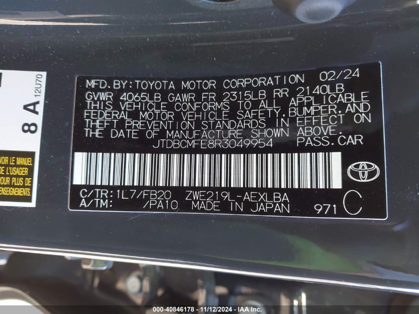 2024 Toyota Corolla Hybrid Le VIN: JTDBCMFE8R3049954 Lot: 40846178