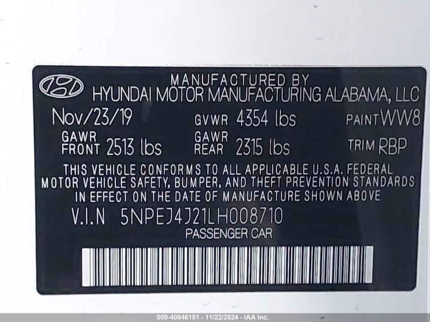 2020 Hyundai Sonata Sel Plus VIN: 5NPEJ4J21LH008710 Lot: 40846181