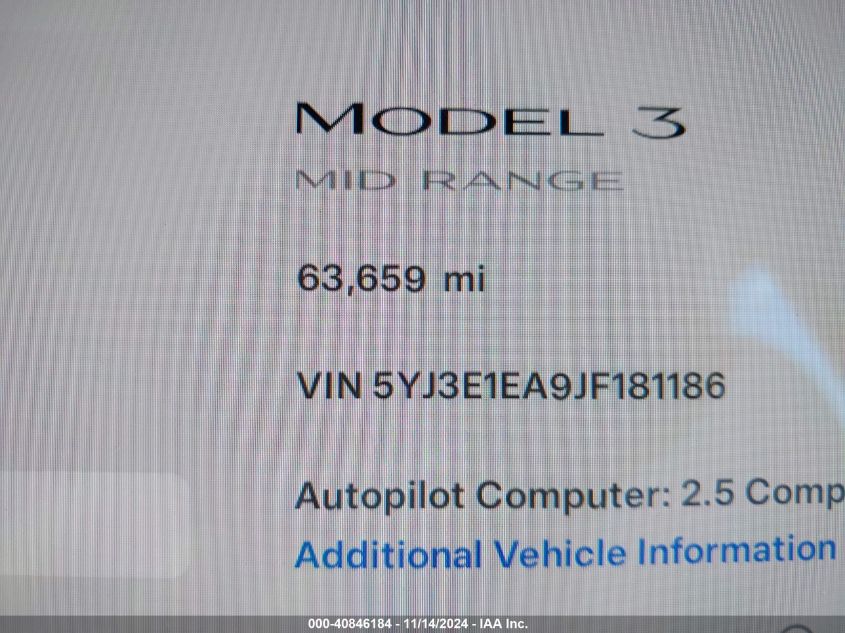 2018 Tesla Model 3 Long Range/Mid Range VIN: 5YJ3E1EA9JF181186 Lot: 40846184