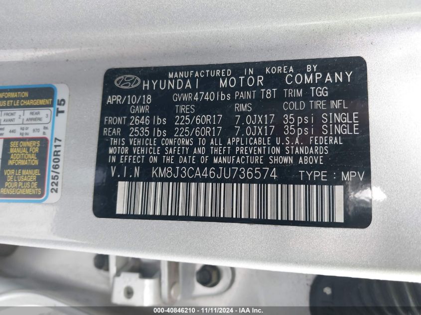 VIN KM8J3CA46JU736574 2018 Hyundai Tucson, Sel no.9