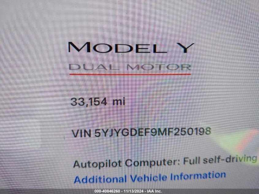 2021 Tesla Model Y Performance Dual Motor All-Wheel Drive VIN: 5YJYGDEF9MF250198 Lot: 40846260