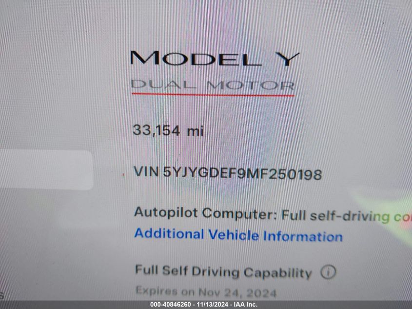 2021 Tesla Model Y Performance Dual Motor All-Wheel Drive VIN: 5YJYGDEF9MF250198 Lot: 40846260