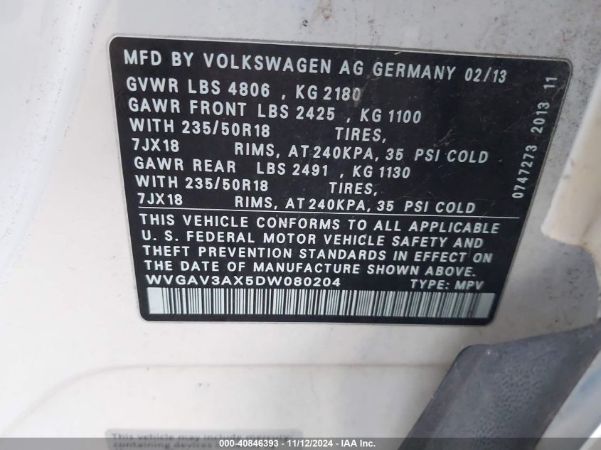 2013 Volkswagen Tiguan Se VIN: WVGAV3AX5DW080204 Lot: 40846393